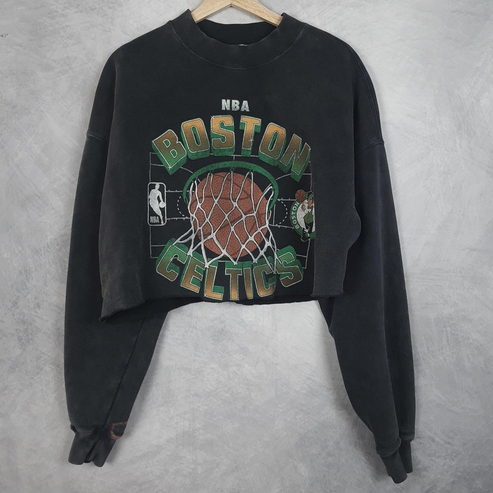 Abercrombie Boston Celtics Sweatshirt Womens Medium Black Cropped Oversized - Picture 5 of 16